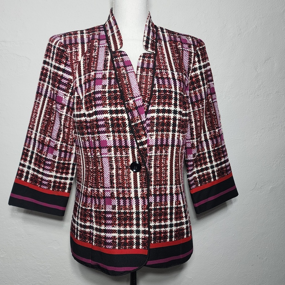 Preston & York Blazer 12 Red Purple Plaid 3/4 Sleeve Career Jacket‎